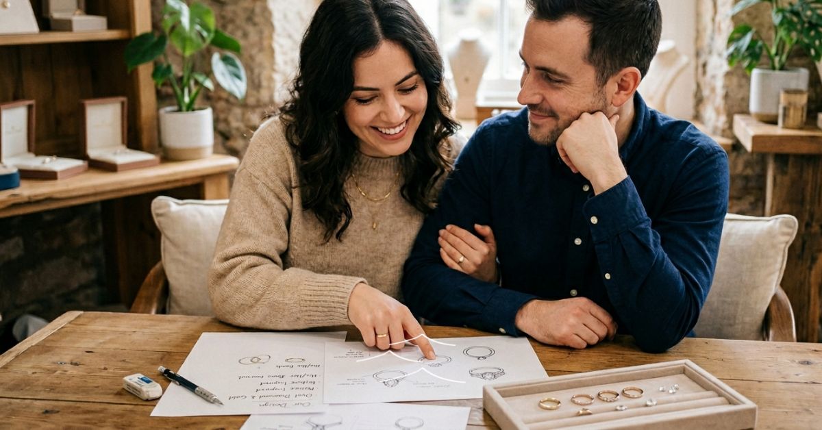 Foto pasangan sedang berdiskusi_menunjuk desain cincin bersama, suasana hangat & intim. Atau flat lay dua cincin dengan catatan tulisan tangan bertanggal