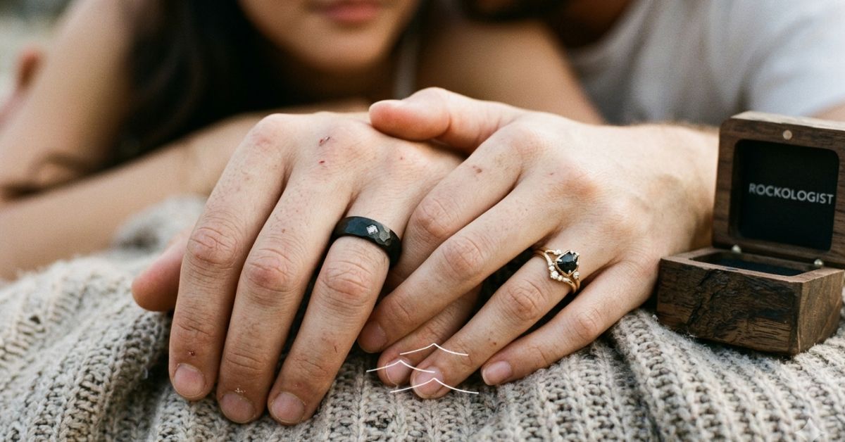 tangan pasangan berdampingan memakai cincin custom Rockologist — momen intimate yang personal